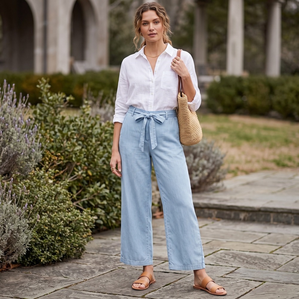Zac & Rachel Culottes Women Blue Wide Leg Tie-Waist Lyocell Chambray Pants L